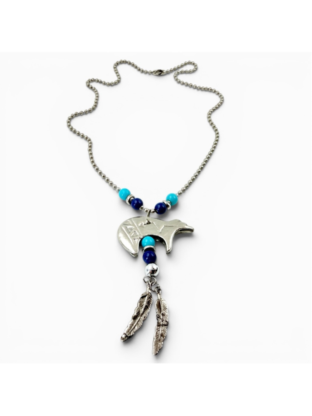 Vintage Southwestern style bear pendant necklace featuring turquoise blue beads